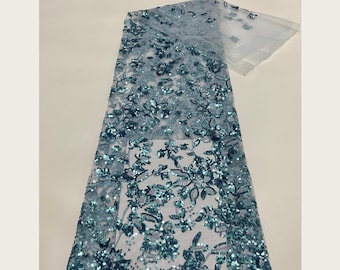 Teal Blue Floral Sequin Lace Fabric, Glitter Botanical Tulle Lace for Beach Wedding Dress, Evening Formal Gown, Bridal Overlay DIY Sewing