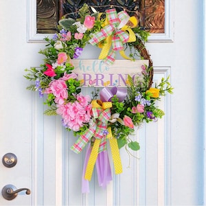 Corona de flores artificiales de colores de 14 pulgadas con lazo de cinta, corona de primavera para puerta de entrada, corona de decoración de bienvenida de tienda en la puerta