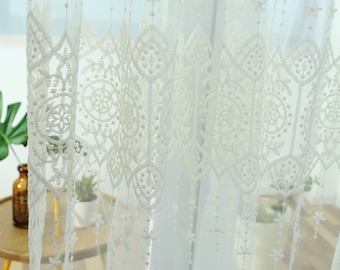 White Yarn Floral Embroidery Lace Fabric,Curtain Shiny Thread Flower Tulle Fabric Height 106"