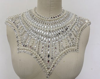 Luxurious Rhinestone Beaded Collar Patch,Bright White Diamond Bridal Dress Applique  Accessories