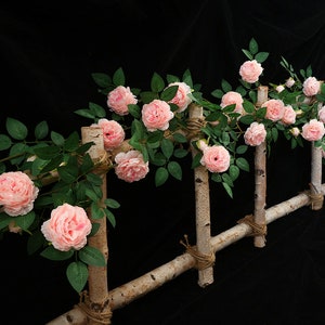 May include: A pink artificial rose vine with green leaves is draped over a wooden trellis. The trellis is made of natural birch branches and is tied together with twine.