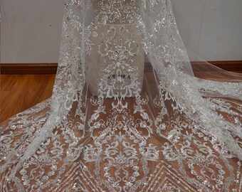 Luxurious Beading Embroidered Lace Fabric for Bridal Dress,Off-white Sequins Floral Yarn Fabric