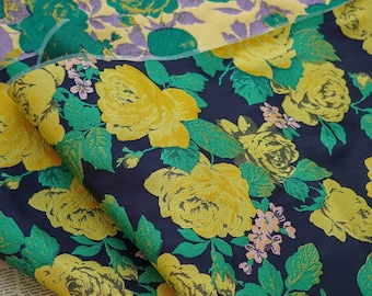 yellow Floral on Navy Blue Brocade Fabric - Jacquard Fabric for Evening Gowns & Home Decor
