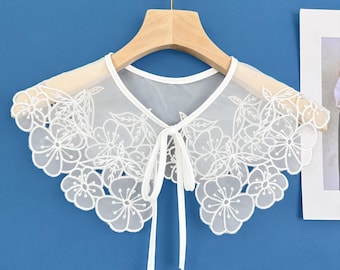 Parche de cuello de camisa con bordado floral de organza blanca, chal de cuello falso de encaje, aplique para cuello de ropa