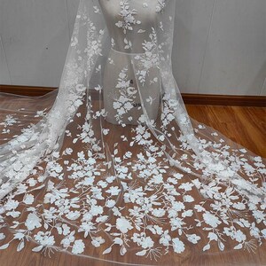 Beaded Floral Sequin Embroidered Lace Fabric for Wedding Dress,White Luxurious Beading Tulle Fabric