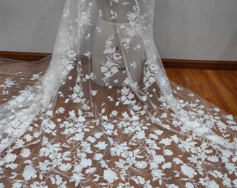 Tela de encaje bordado con lentejuelas y flores para vestido de novia, tela de tul con cuentas de lujo blanco.