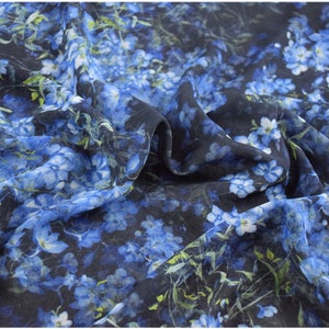 Blue Printing Floral Silk Chiffon Fabric Smooth High Quality Charming Flower Fabric For Dress Shirt Skirt Clothes Fabric Width 150cm