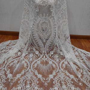 Luxurious Solid Beaded Embroidered Flower Lace Fabric for Wedding Dress,Sequin Tulle Fabric