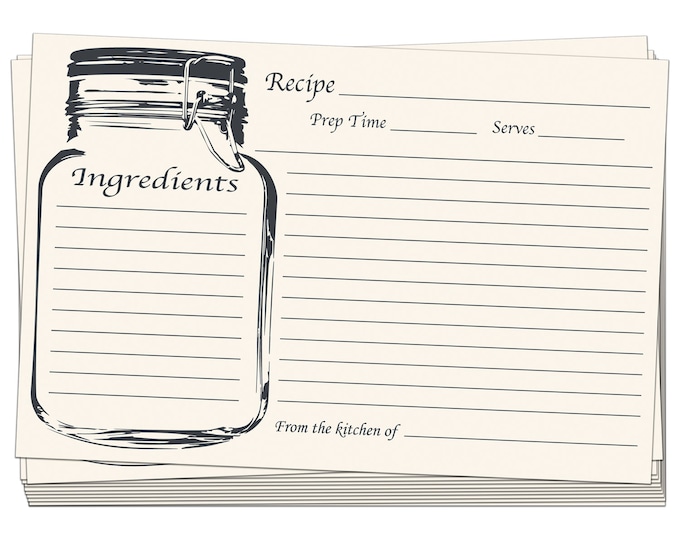 Recipe Cards 4 X 6 White Mason Jar Design Vintage Rustic Retro
