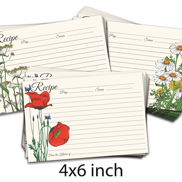 60 Pack Blank 4x6 inch Double Sided Large Recipe Cards | Vintage Retro Elegant Flower Garden | Wedding Bridal Shower Gift