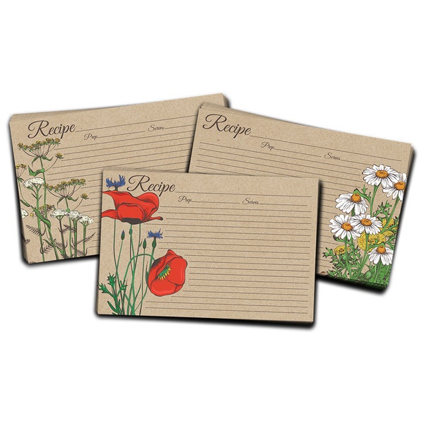 60 Pack 4x6 Double Sided Recipe Cards | Blank Vintage Retro Kraft Flower Garden | Thick Card Stock | Bridal Shower Wedding Neighbor Gift