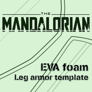 以下が含まれることがあります： 中央に人物のシルエットが入った黒い「マンダロリアン」ロゴ。ロゴの下に「EVA foam Leg armor template」というテキストがあります。