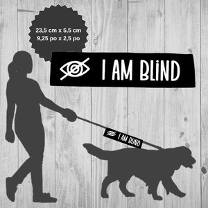 Peut inclure: Silhouette noire et blanche d'une personne promenant un chien avec une laisse sur laquelle est accroché un panneau noir et blanc indiquant "I AM BLIND". Le panneau mesure 23,5 cm x 5,5 cm.