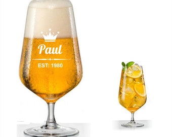 Personalised Engraved Stemmed Beer Glass Birthday Gift Christmas, Wedding, Crown Design