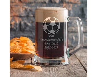 Personalised Football Tankard Beer Glass Engraved Gift Coach Appreciation Present Custom Etched Sports Design Themed Manager Team
