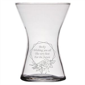 May include: A clear glass vase with a geometric floral design and the text "Becky Wishing you all The very best For the future".