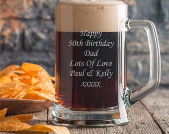 Personalised Beer Tankard Glass Engraved 50th Birthday Gift Dad Custom Drinking Vessel Keepsake Barware Men Milestone Celebration Present