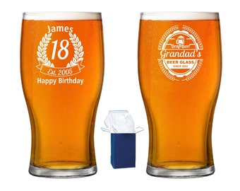 Personalised Pint Beer Glass, Birthday Gifts - Bespoke Special Gift Idea - Custom Engraved Pint Beer Gift - Ale Tulip Beer Glass Etched