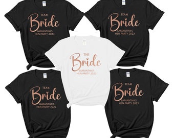 Personalised Hen Party T-shirts, Bride Top, Team Bride, Bridesmaid, Custom Hen Do Shirts, Rose Gold Metallic, Personalized Bridal Tees