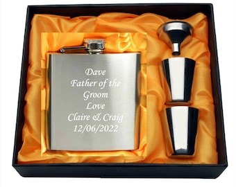 Personalised Engraved 6oz Hip Flask, Set,  Birthdays, Teacher Gifts, Fathers Day Gifts, Retirement, Wedding Groomsman Best Man