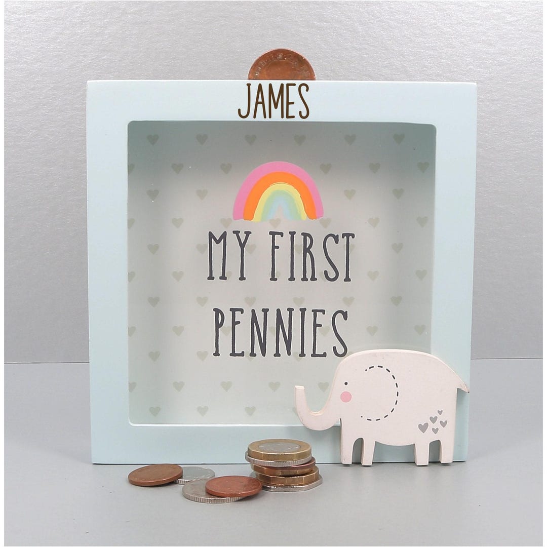 Personalised Money Box Frame Design Rainbow Colors Baby Gift First ...