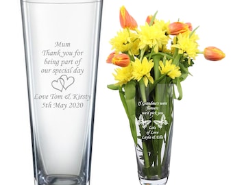 Personalised engraved glass vase, birthday gifts, any age, 40th, 50th, 60th,  hearts , butterflies design