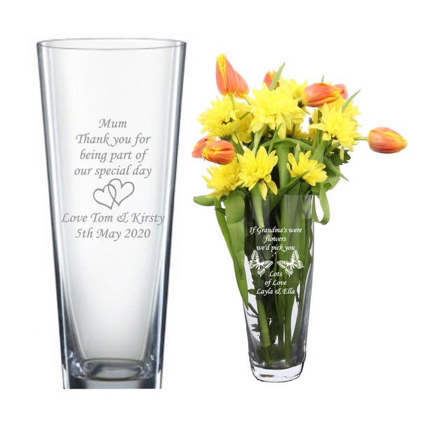 Personalised engraved glass vase, birthday gifts, any age, 40th, 50th, 60th,  hearts , butterflies design