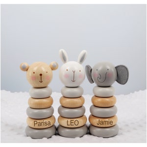 Personalised Wooden Stacking Rings Baby Toy Baby Birthday Christening Gift | Montessori | Stacker Wooden Lion, Elephant Teddy or Bunny Toy