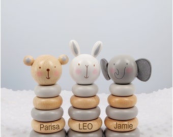 Personalised Wooden Stacking Rings Baby Toy Baby Birthday Christening Gift | Montessori | Stacker Wooden Lion, Elephant Teddy or Bunny Toy