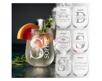 Personalised Gin Glass Coaster Set Custom Engraved Stemless Unique Gift Birthday Present Novelty Drink Bar Accessory Anniversary