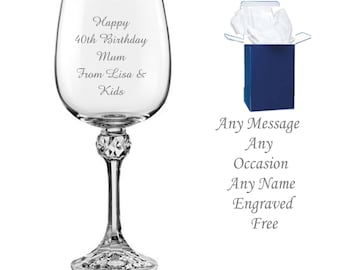 Engraved Crystal Wine Glass - 40th Birthday Gift for 60th, 65th, 70th or 80th Birthday - Ready to Gift