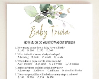 Baby Trivia Game Baby Shower Trivia Greenery and Gold Baby Shower Games Printable Baby Shower Party Game Cards boy Girl Instant Download A16