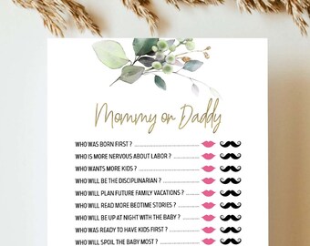 Mommy or Daddy Game Baby Shower Guess Who Game Greenery and Gold Baby Shower Games Printable Coed Baby Shower Instant Download DIY Game A16