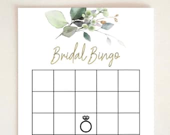 Juego de bingo nupcial Greenery Tarjetas de ducha nupcial Tarjetas de bingo nupcial Tarjetas de despedida de soltera imprimibles Juegos de despedida de soltera Actividad divertida Oro verde Recién casados Juego A18