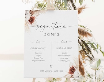 Signature Drinks Sign Template Signature Cocktail Sign Wedding Bar Menu Sign His and Hers Bar Sign Wedding Bar Menu Wedding Drink Sign BH18