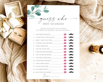 Bride or Groom Game He Said She Said Game Guess Who Game Eucalyptus Bridal Shower Game Modern Bridal Shower Game Instant Download MD3