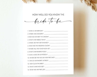Who Knows The Bride Best How Well Do You Know the Bride Minimalist Bridal Shower Games Fun Bridal Shower Game Printable Instant Download MD1