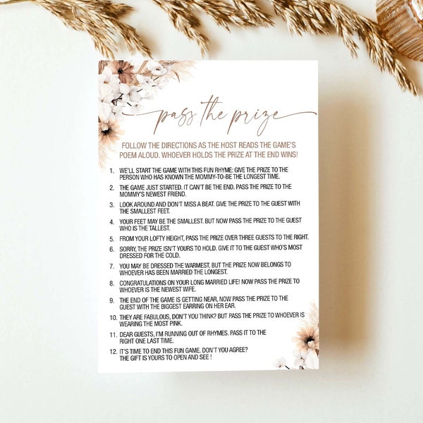Pass the Prize Game Pass the Gift Poem Gift Passing Poem Boho Baby Shower Rhyme Game Bohemian Baby Shower Game Gender Neutral Shower BH4