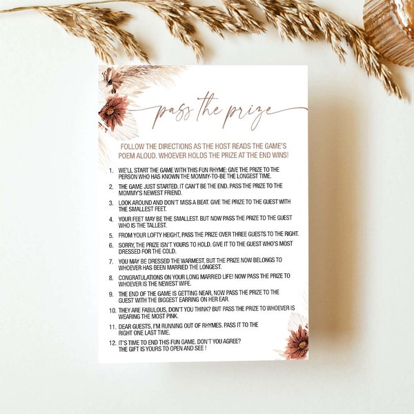 Pass the Prize Game Pass the Gift Poem Gift Passing Poem Boho Baby Shower Rhyme Game Bohemian Baby Shower Game Gender Neutral Shower BH3