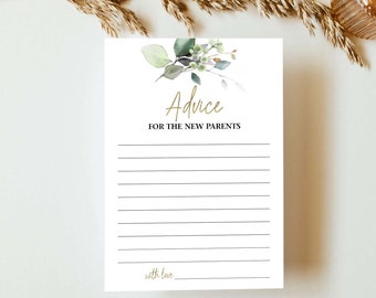 Advies voor de nieuwe ouders Kaart Babyshoweradvieskaarten Groen en goud Babyshower Activiteitsideeën Direct downloaden A16