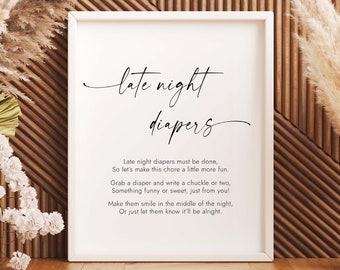 May include: A white framed printable sign with black text that reads "late night diapers". The text below reads "Late night diapers must be done, So let's make this chore a little more fun. Grab a diaper and write a chuckle or two, Something funny or sweet, just from you! Make them smile in the middle of the night, Or just let them know it'll be alright."