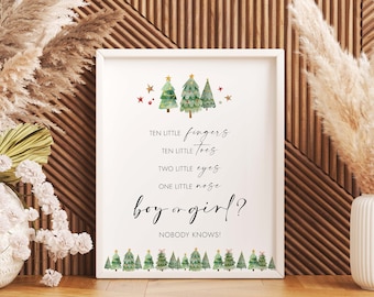 May include: A white framed print with a Christmas tree design. The print says "Ten little fingers, Ten little toes, Two little eyes, One little nose, Boy or girl? Nobody knows!"