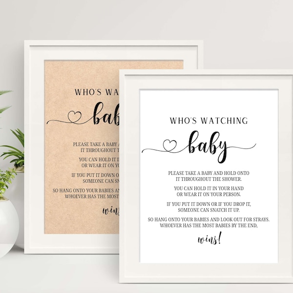 Who's Watching Baby Game Sign Who is Watching Baby Sign Printable Kraft Paper Baby Shower Games Baby Bump Sign Instant Download K16 K28