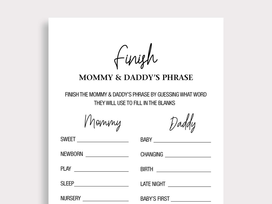 Finish Mommy and Daddy's Phrase Game Printable Minimalist Baby Shower ...