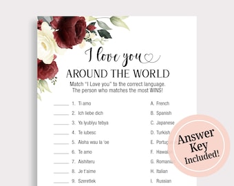 Travel Bridal Shower Game, I Love You Around the World Wedding Shower Activity,  Burgundy  Blush Floral Bachelorette, Instant Download, G18