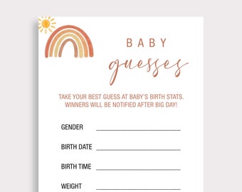 Baby Shower Baby Stats Card Baby Guesses Game Rainbow Baby Shower Game Prediction for Baby Instant Download Boho Baby Shower Game RN6