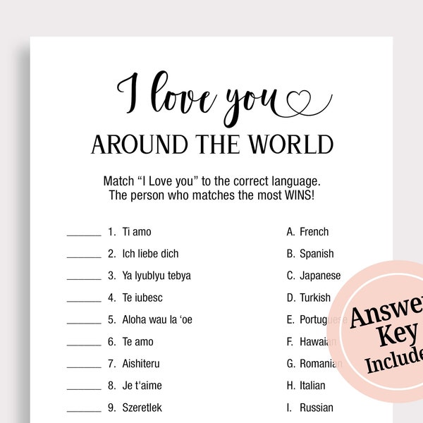 I Love You Around the World Bridal Shower Game, Minimalist Couples Shower Game, Simple Travel Bridal Shower Games, Instant Download, W18