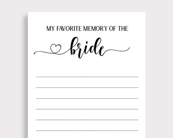 Favorite Memory With The Bride, Minimal Memory Bride Cards, Simple Favorite Memory Card, Bridal Shower Printable Games,Instant Download, W18