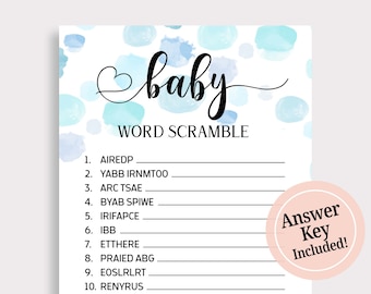 Baby Word Scramble Game, Baby Word Puzzle, Blue Scrambled Baby Shower Game, Boy Baby Shower Ideas, Instant Download, Blue  Baby Boy, B16