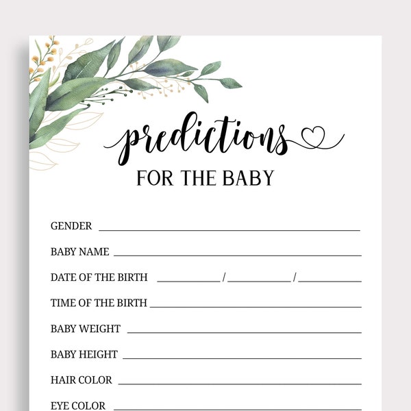 Predictions for the Baby Guess The Baby's Name Due Date Gender Date of Birth Weight Height Baby Guesses Card Greenery Baby Shower Games C16